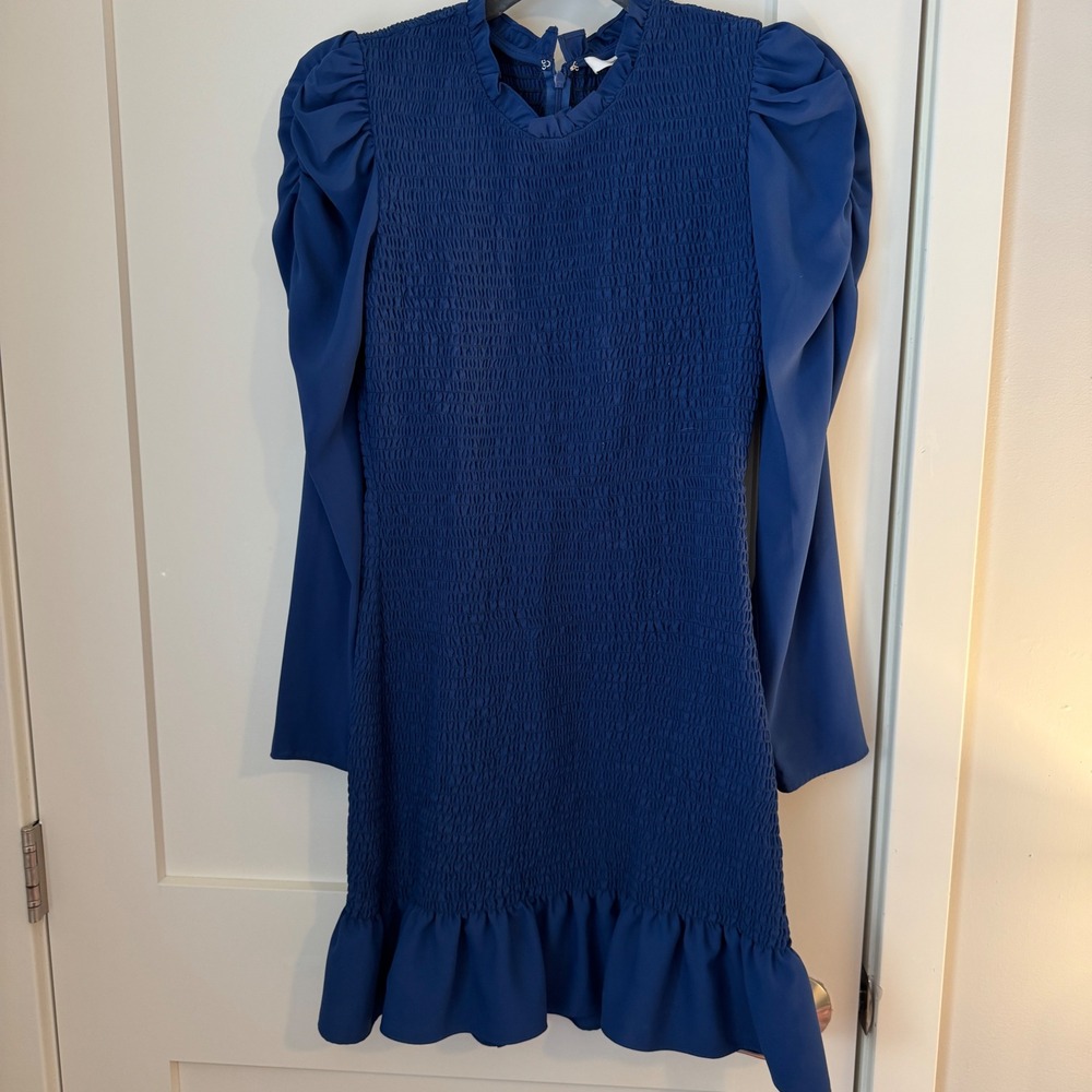 Amanda Uprichard Royal Blue Smocked Mini Dress Puff Sleeve Ruffle Mock Neck S